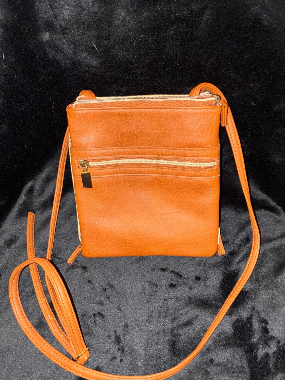 Stella & Max Faux Leather Multi-Compartment Crossbody Bag- Cognac Brown